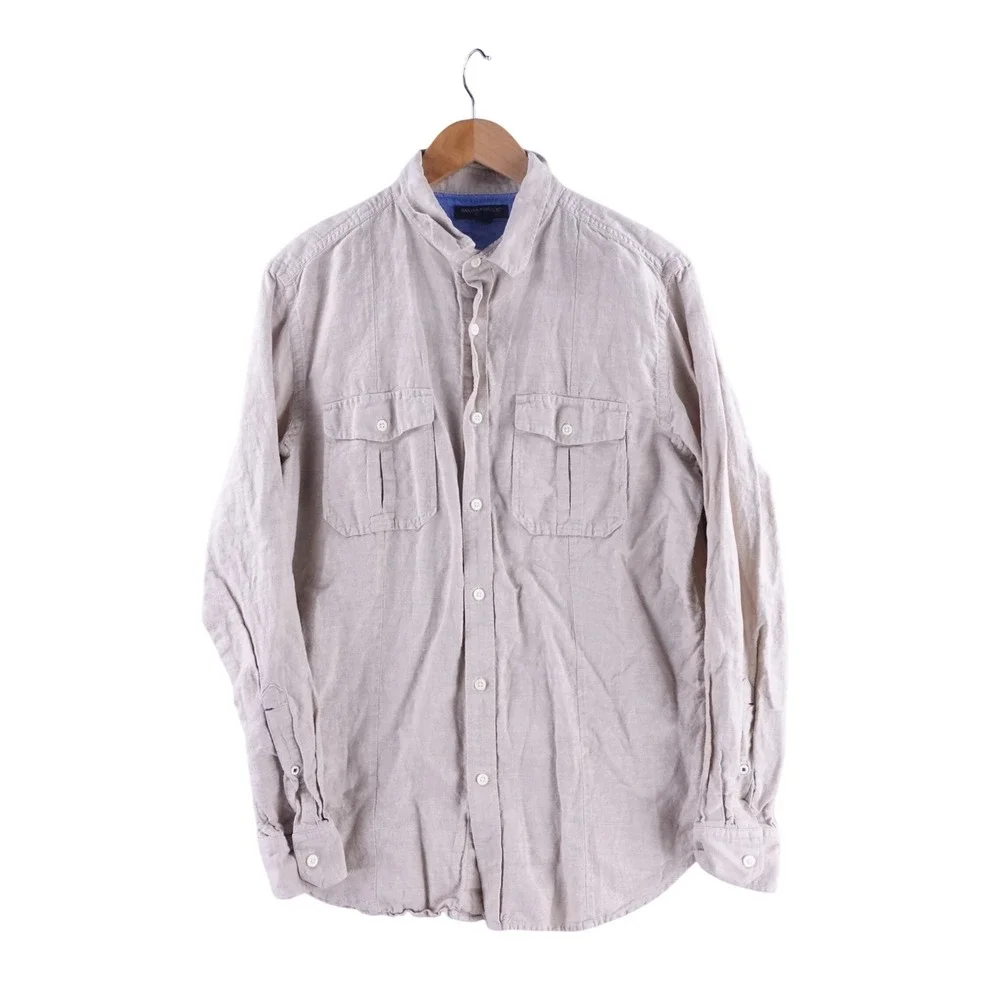 Banana Republic Mens Slim Fit Linen Cotton Blend Utility Shirt Khaki Large